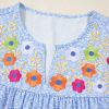 Women's Sky Blue Floral Embroidered Puff Sleeve Notched V Neck Blouse - Image 11