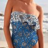 Women's Sky Blue Floral Printed Ruffle One Piece Swimsuit with Removable Straps - Image 9