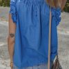 Women's Sky Blue Frilled Neck Ruffled Armholes Buttoned Back Tank Top - Image 2