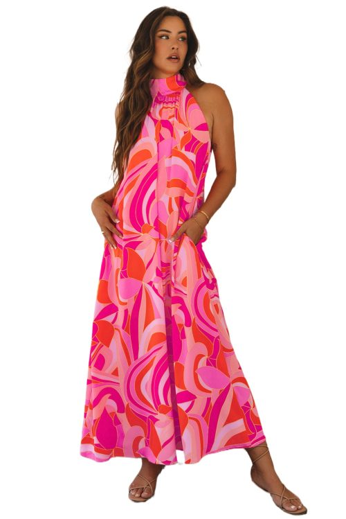 Women's Rose Abstract Printed High Neck Knotted Nape Sleeveless Maxi Dress