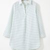 Women's White Stripe Collared V Neck Long Sleeve Beach Cover-Up with Chest Pocket - Image 5