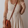 Women's Elegant Beige Scoop Neck Ribbed Bodice Pleated Sleeveless Maxi Dress - Image 4