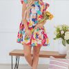 Women's Pink Abstract Printed Ruffled Flutter Sleeve Tiered Mini Dress - Image 8