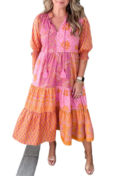 Plus Size Pink Boho Paisley Floral Mixed Patchwork Midi Dress with Tassel Tie