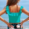 Women's Sea Green Solid Ruffled Square Neck Swim Top with Floral Shorts Bikini Set - Image 9