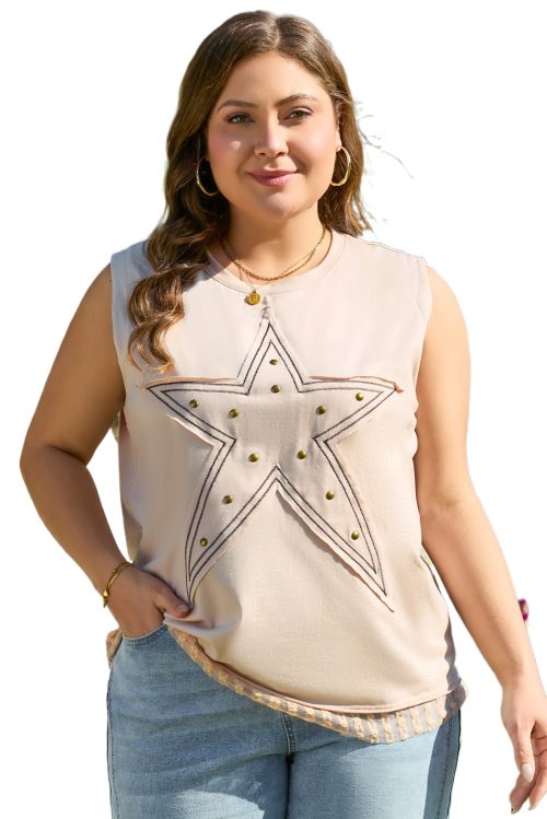 Plus Size Parchment Studded Star Lace Patchwork Hem Tank Top for Women