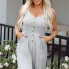 Chic Women's Black Stripe Half Buttoned Sleeveless Wide Leg Jumpsuit - Image 5