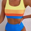 Women's Blue Colorblock Square Neck Bikini Set - Pleated High Waisted Swimwear - Image 7