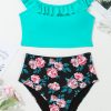 Women's Sea Green Solid Ruffled Square Neck Swim Top with Floral Shorts Bikini Set - Image 12