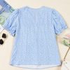 Women's Sky Blue Floral Embroidered Puff Sleeve Notched V Neck Blouse - Image 8