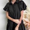 Women's Black Puff Sleeve Ruffle Hem Button Down Shirt Dress - Image 4