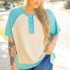 Plus Size Mint Green Color Block Raglan Sleeve Buttoned T-Shirt for Women - Image 6