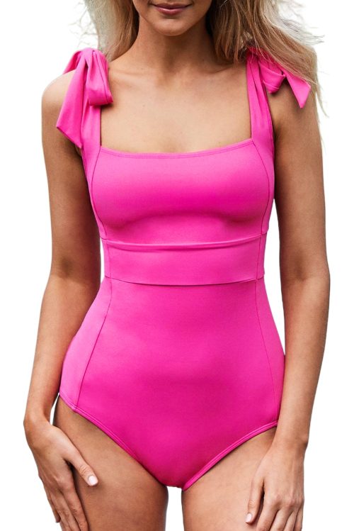 Women's Rose Red Square Neck Knotted Shoulder Open Back One Piece Swimsuit - Elegant Swimwear for Summer