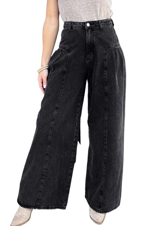 Women's Dark Grey Pleated Wide Leg Mineral Wash Denim Pants - Chic and Trendy Everyday Wear