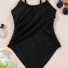 Women's Black Beaded Spaghetti Straps Ruched Overlapped Colorblock One Piece Swimsuit - Image 5