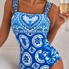 Women's Blue Tile Pattern Ricrac Wide Straps Sheath One Piece Swimsuit - Image 5