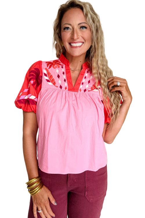 Women's Pink Floral Embroidered Notch V Neck Puff Sleeve Babydoll Blouse