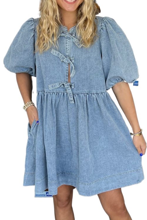 Chic Dusk Blue Bowknot Bubble Sleeve Short Denim Dress for Women