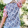 Women's Blue Floral Print Puff Sleeve Blouse with Frilled Neck - Western Fashion - Image 2