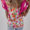 Women's Pink Floral Layered Ruffle Flutter Sleeve Tie V Neck Blouse - Elegant Spring Style - Image 2