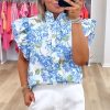 Women's Sky Blue Floral Print Ruffle Sleeve Button Up Shirt for Elegant Style - Image 2