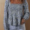 Women's Blue Boho Floral Print Smocked Square Neck Long Sleeve Blouse - Image 3