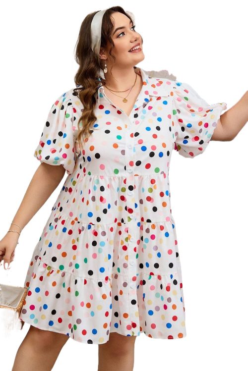 Plus Size White Polka Dot Print Bubble Sleeve Button Up Shirt Dress for Women