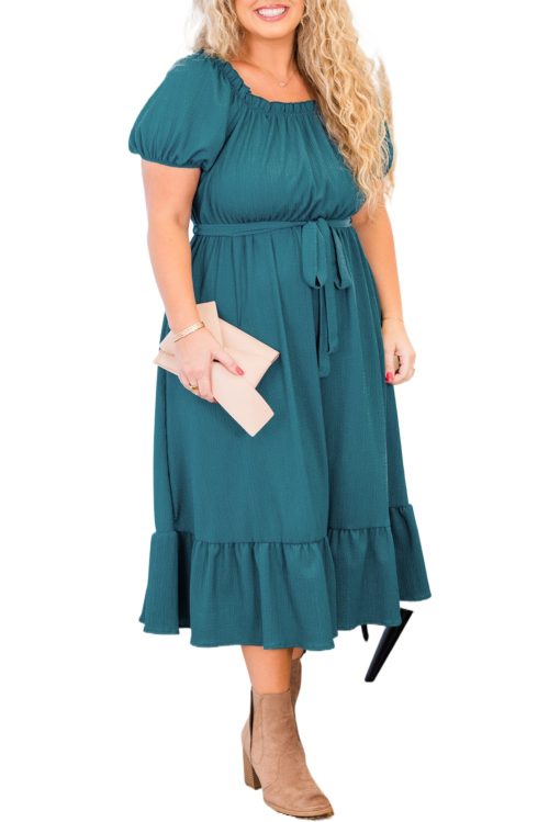 Plus Size Skobeloff Frilled U Neck Puff Sleeve Belted Ruffle Hem Midi Dress