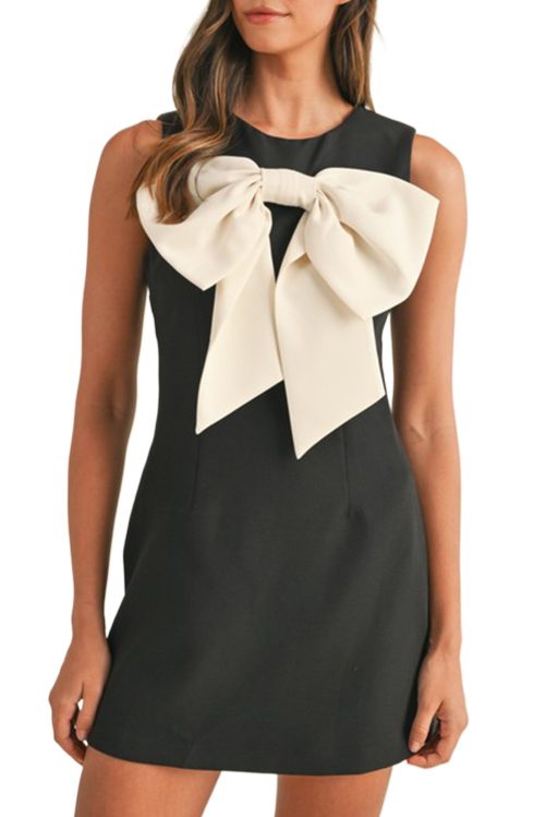 Elegant Black Contrast Bowknot Applique Crew Neck Sleeveless Mini Dress