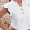 Women's White Embroidered Ruffle Trim Textured Blouse - Elegant V Neck Design - Image 3