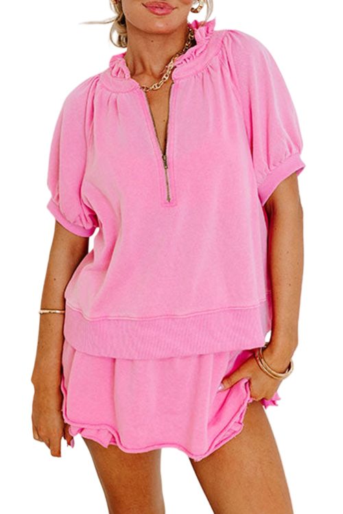 Chic Women's Pink Half Zip Puff Sleeve Top with Ruffled Shorts Set