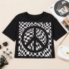 Women's Black Checkerboard Peace Sign Printed Round Neck T-Shirt - Image 11