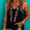 Women's Black Floral Embroidery Ruffled Spaghetti Straps Tank Top - Elegant V Neck Design - Image 6