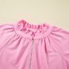 Chic Women's Pink Half Zip Puff Sleeve Top with Ruffled Shorts Set - Image 13