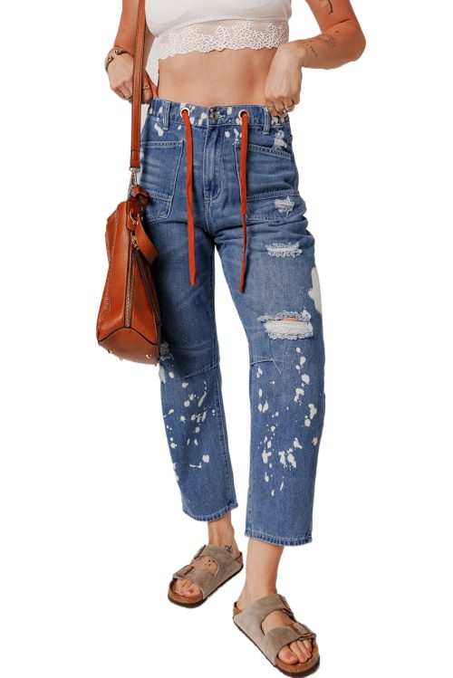 Women's Ashleigh Blue Ripped Distressed Cropped Straight Jeans with Rope Waist