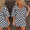 Plus Size Women's Black Checkered Pattern Tee and Shorts Two Piece Set - Image 4