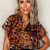 Women's Orange Leopard Printed Draped Short Sleeve Slit V Neck Blouse - Image 3