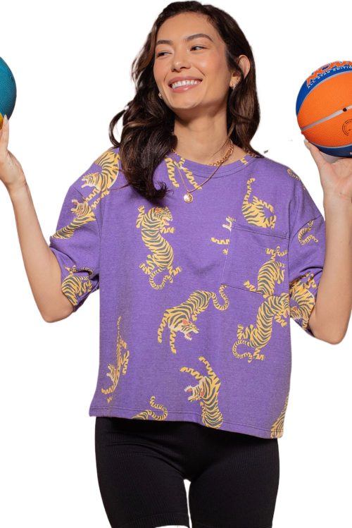 Women's Purple Allover Tiger Print Loose T-Shirt with Patch Pocket