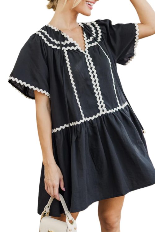 Women's Black Contrast Ricrac Trim Short Sleeve V Neck Mini Dress - Chic Summer Style