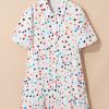 Plus Size White Polka Dot Print Bubble Sleeve Button Up Shirt Dress for Women - Image 6