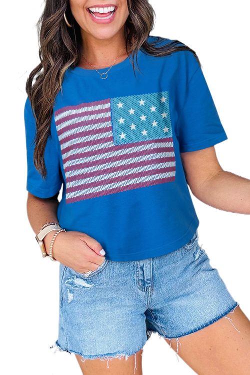 Women's Real Teal American Flag Pattern Crewneck Tee - Casual Patriotic Shirt
