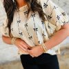 Charming Beige Bow Print Puff Short Sleeve Top for Women - Image 2