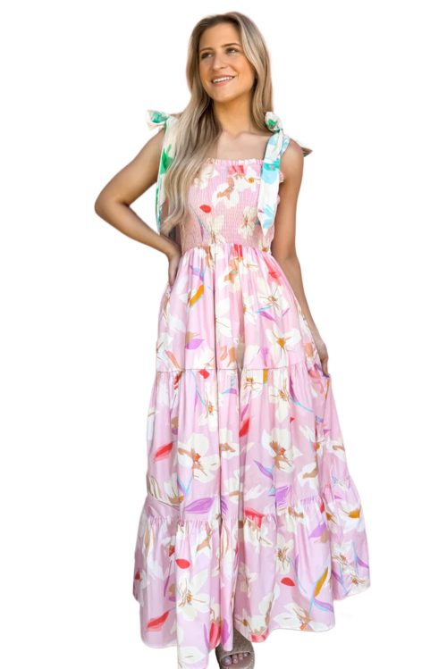 Women's Pink Floral Print Knotted Shoulder Smocked Maxi Dress for Summer