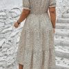 Women's Plus Size Beige Leopard Print Frill Trim Short Sleeve Flared Midi Dress - Image 2