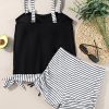 Women's Black Striped Patchwork Tankini Set with Side Drawstring Bottoms - Image 6