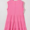 Bright Pink Waffle Textured Button Round Neck A-Line Tiered Sleeveless Dress for Women - Image 12