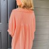 Women's Grapefruit Orange Corded Half Sleeve Button Up Shirt with High Low Hem - Image 2