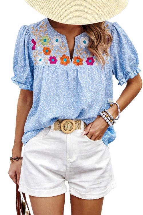 Women's Sky Blue Floral Embroidered Puff Sleeve Notched V Neck Blouse