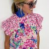 Women's Pink Floral Mixed Print Ruffle Cap Sleeve Blouse for Stylish Summer Wear - Image 9