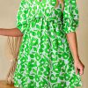 Elegant Green Floral Print Puff Half Sleeve V Neck Babydoll Dress for Women - Image 3